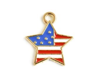 USA Flag Star Charms, Gold Plated Enamel Charms - 4 pieces (311)
