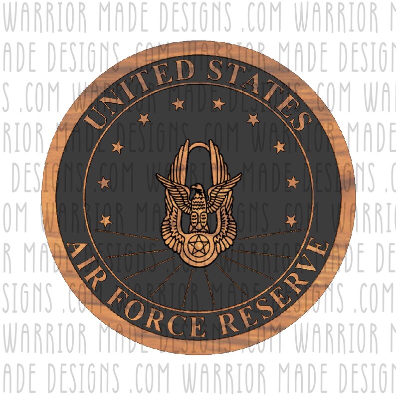 May include: A round wooden plaque with a black background and a gold eagle emblem. The plaque reads "United States Air Force Reserve".