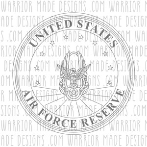 May include: A black and white illustration of the United States Air Force Reserve seal. The seal features a bald eagle with wings spread, a star, and the words "United States Air Force Reserve".