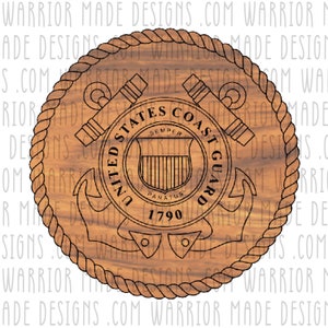 May include: A wooden round plaque with a rope border and the United States Coast Guard emblem. The emblem features an anchor, shield, and the words "United States Coast Guard", "Semper Paratus", and "1790".