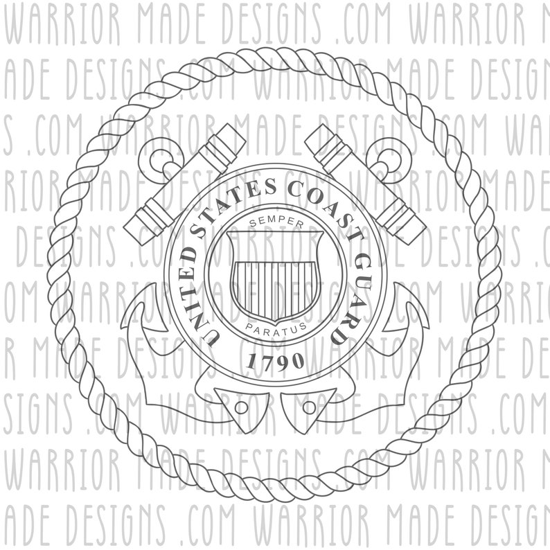 May include: Black and white line drawing of the United States Coast Guard emblem. The emblem features an anchor, a shield with vertical stripes, and the words "United States Coast Guard" surrounding the shield. The words "Semper Paratus" and "1790" are also included in the emblem.