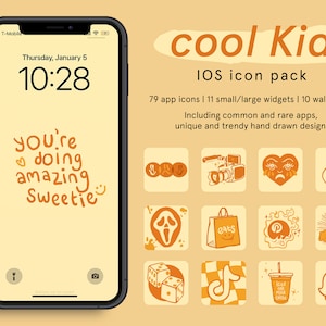 May include: A digital illustration of an iPhone screen with a yellow background and the text "you're doing amazing sweetie" in orange. The phone is surrounded by a grid of 10 colourful icons with various designs, including a heart, a camera, a ghost, a bag, a dice, a music note, a drink, and a ghost. The text "cool Kid" is at the top of the image, and the text "IOS icon pack" is below it. The text "79 app icons | 11 small/large widgets | 10 wallpapers" is below that. The text "Including common and rare apps, unique and trendy hand drawn designs" is below that.