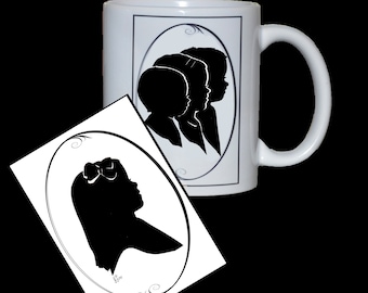 Custom hand cut silhouette of your profile - a black shadow portrait of you. Matted 5x7"  size and silhouettes on mugs