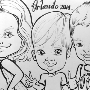 May include: Black and white caricature drawing of three children. The children are smiling and have exaggerated features. The drawing is titled "Orlando 2014..."