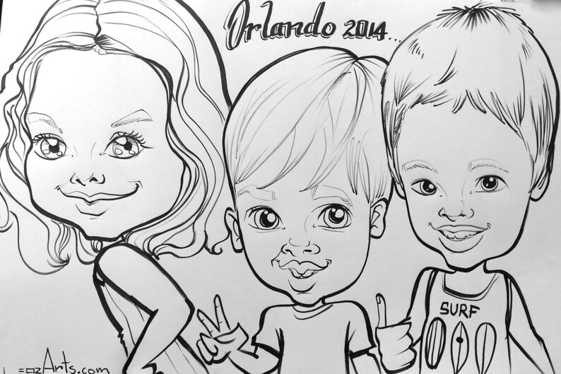 May include: Black and white caricature drawing of three children. The children are smiling and have exaggerated features. The drawing is titled "Orlando 2014..."