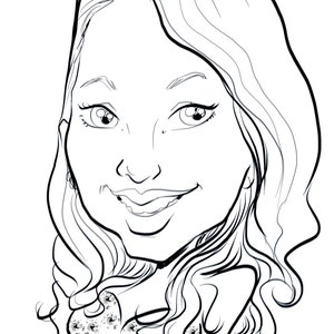 May include: Black and white line drawing caricature of a person with long wavy hair, smiling with their eyes closed.