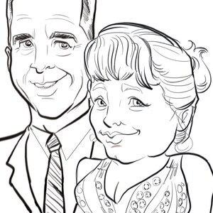 May include: A black and white line drawing caricature of a couple. The man is wearing a suit and tie. The woman is wearing a dress with a low neckline and a beaded design.