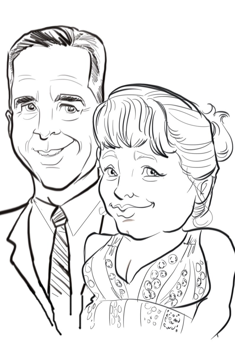 May include: A black and white line drawing caricature of a couple. The man is wearing a suit and tie. The woman is wearing a dress with a low neckline and a beaded design.