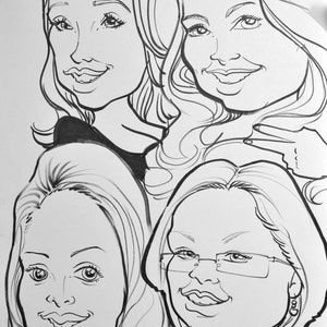 May include: Black and white caricature drawing of three women with different hairstyles. The women are smiling and looking at the viewer.
