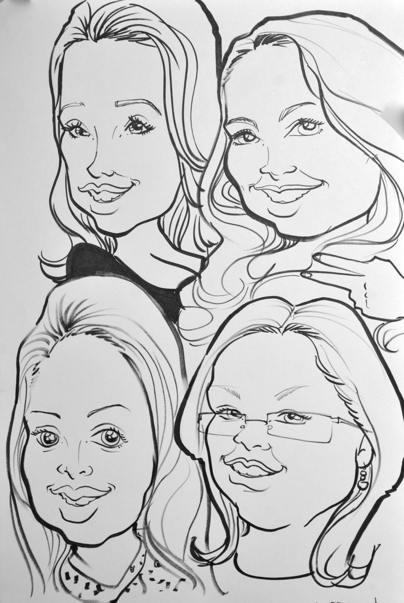 May include: Black and white caricature drawing of three women with different hairstyles. The women are smiling and looking at the viewer.
