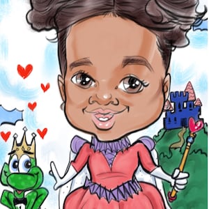 Custom caricature. Face, body and background in color. Hand-drawn.