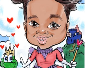 Custom caricature. Face, body and background in color. Hand-drawn.