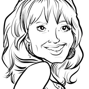 May include: Black and white line drawing of a woman with short hair, smiling and looking over her shoulder. She is wearing a patterned top.
