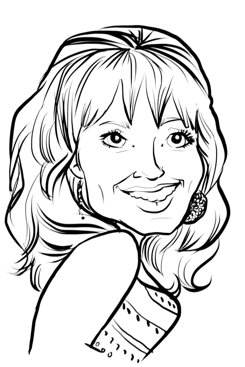 May include: Black and white line drawing of a woman with short hair, smiling and looking over her shoulder. She is wearing a patterned top.