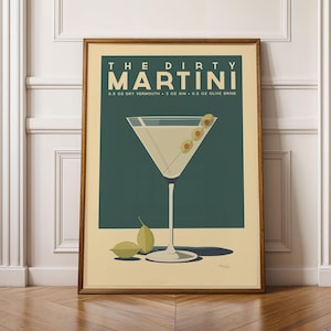 Dirty Martini Cocktail Poster, Dirty Martini Cocktail Print, Mid Century Modern Art | Bar Cart Prints | Bar Cart Decor for Vintage Kitchen