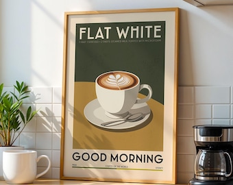 Flat White Coffee Poster, Kitchen Coffee Bar Art Print, Coffee Bar Sign | Vintage Coffee Poster | Kitchen Wall Art for Coffee Bar