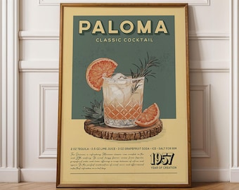 Paloma Cocktail Print, Paloma Cocktail Poster | Bar Cart Prints | Vintage Drink Prints Decor for Home Bar Cart in Kitchen