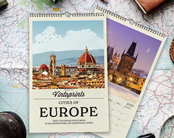 2025 - 2026 Europe Travel Wall Calendar, Vintage Europe Travel Poster Calendar | Mid Year Calendar | Retro Art Calendar for World Traveler