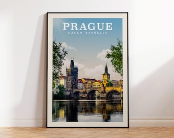 Prague Art Print, Charles Bridge Prague Poster, Prague Wall Art | Vintage Travel Poster | Prague Skyline Print for Travel Home Decor