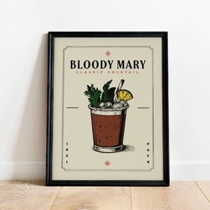 Impresión de cóctel Bloody Mary, póster de cóctel Bloody Mary / impresiones de carrito de bar / póster de cóctel vintage, arte de pared para decoración de carrito de bar en el hogar
