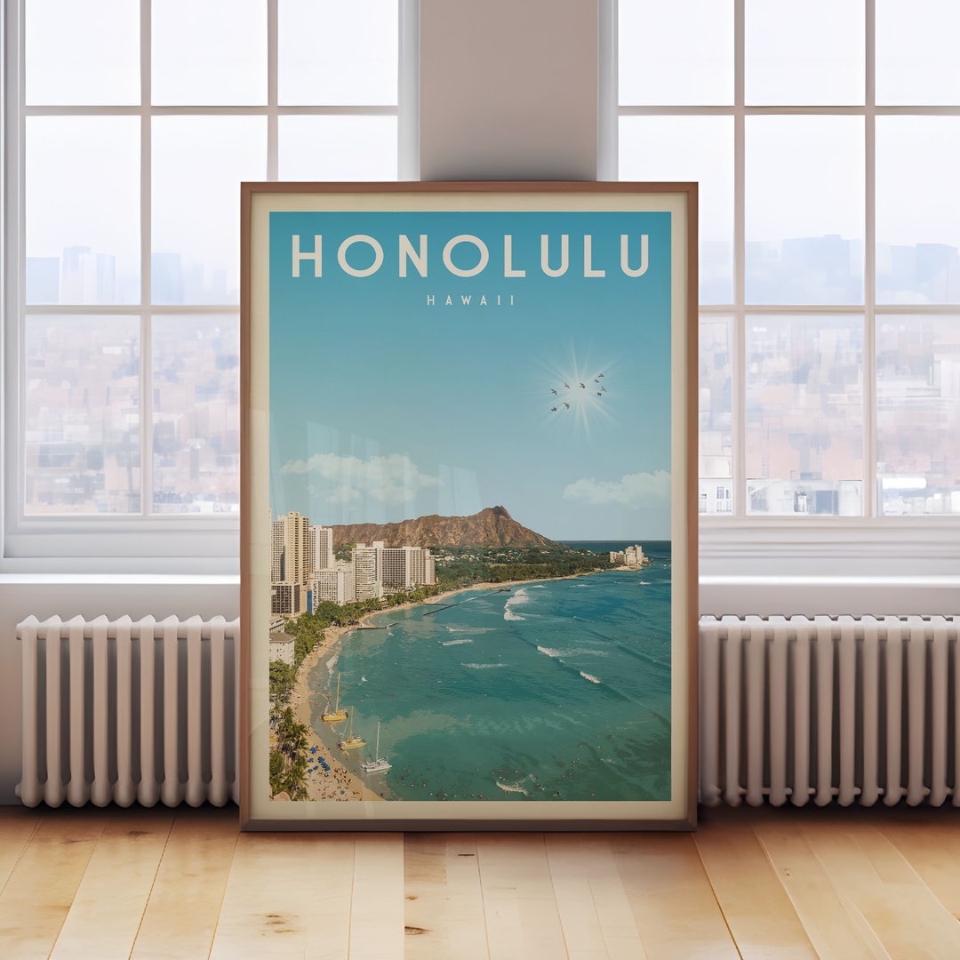 Honolulu Skyline Art Print, Honolulu Vintage Poster, Hawaii Wall Art, Hawaii Art Print, Hawaii