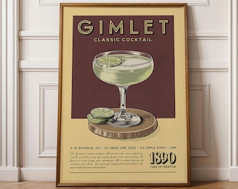 Gimlet Cocktail Print, Gimlet Cocktail Poster | Bar Cart Prints | Vintage Drink Prints for Bar Cart
