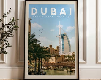 Dubai Skyline Travel Poster, Dubai Skyline Print, UAE Wall Art Gift