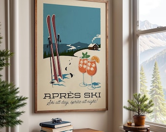 Plakat Apres Ski, wydruk retro Apres Ski | Plakat vintage na narty | Grafika ścienna Apres Ski do wystroju domku narciarskiego