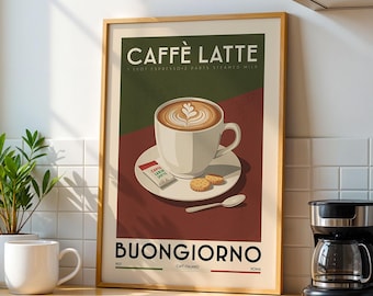 Caffe Latte Coffee Poster, Kitchen Coffee Bar Art Print, Coffee Bar Sign | Vintage Coffee Poster | Coffee Gift for Coffee Lover