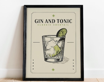 Op de afbeelding: Een ingelijste kunstprint met een zwart-witte lijntekening van een glas gevuld met ijsblokjes en een schijfje limoen. De tekst luidt GIN AND TONIC CLASSIC COCKTAIL met de cijfers 1844 en de letters HLNL in de hoeken.