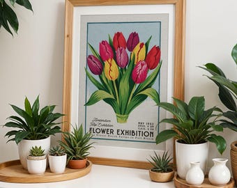 Amsterdam Tulip Botanical Poster, Retro Floral Wall Print | Bold Botanical Art for Plant Dads, Colorful Garden Decor for Flower Lovers