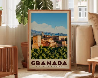 Póster de Granada, láminas de arte de España, arte mural de Granada, lámina de Granada, lámina de La Alhambra, arte mural de España, póster de viaje de Granada, España vintage