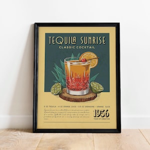 Tequila Sunrise Cocktail Druck , Tequila Sunrise Cocktail Poster | Barwagen Drucke | Vintage Alkohol Poster für Barwagen