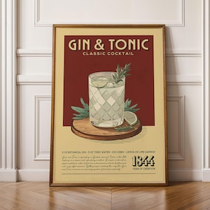 Gin and Tonic Cocktail Print, Gin and Tonic Cocktail Poster, Bar Wall Art, Bar Cart Art Prints, Retro Cocktail Print, Bar Cart Accessories