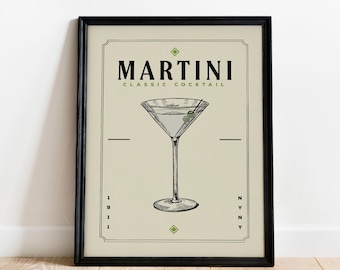 Dirty Martini Cocktail Print, Dirty Martini Cocktail Poster | Bar Cart Prints | Vintage Cocktail Poster Wall Art for Home Bar Cart Decor