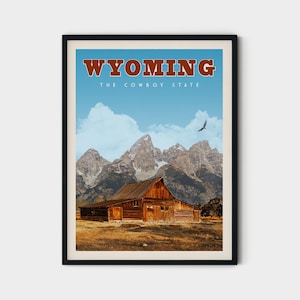 Wyoming Travel Poster, Vintage Wyoming Print, Wyoming Wall Art, Yellowstone, Grand Teton National Park, Mountain Wall Art, Wyoming Gift