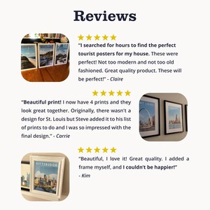 The image is a collage of three images featuring posters of St. Louis, with positive reviews from people who have purchased and used the posters.