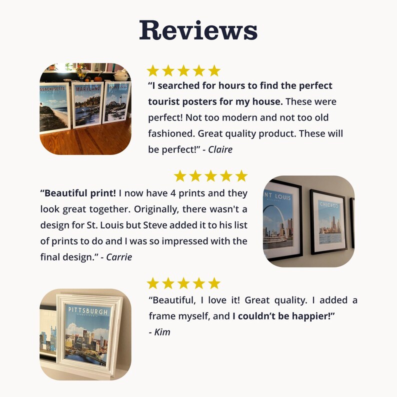The image is a collage of three images featuring posters of St. Louis, with positive reviews from people who have purchased and used the posters.