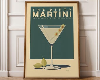 Dirty Martini Cocktail Poster, Dirty Martini Cocktail Print, Mid Century Modern Art | Bar Cart Prints | Bar Cart Decor for Vintage Kitchen
