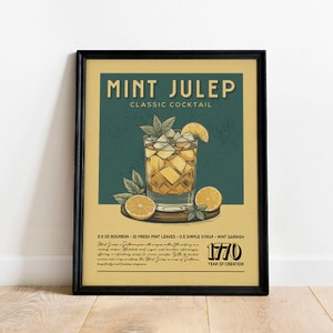 Mint Julep Cocktail Print, Mint Julep Cocktail Poster | Barwagen Drucke | Vintage Cocktail Rezept Poster für Barwagen
