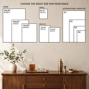 a wall with a variety of framed artworks in different sizes, ranging from small to large, and international paper sizes, such as A1, A3, and A4. The artworks are arranged on a wooden cabinet or dresser, which also has a vase, a cocktail shaker, and some glasses and fruit on it.