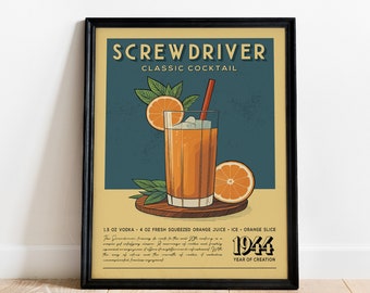 Screwdriver Cocktail Print, Screwdriver Cocktail Poster | Bar Cart Prints | Vintage Cocktail Art Bar Accessories for Home Bar Cart