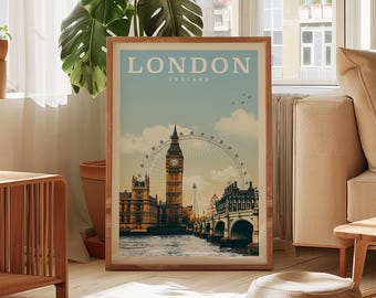Sztuka ścienna Londynu, wydruk Londynu, plakat Londynu, wydruk Anglii, sztuka angielska, wydruk panoramy Londynu, sztuka Wielkiej Brytanii, wydruk vintage z Wielkiej Brytanii