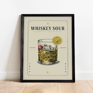 Impresión de cóctel Whiskey Sour, póster de cóctel Whiskey Sour / Impresiones de carrito de bar / Póster de cóctel vintage Arte de pared para decoración de carrito de bar en el hogar