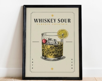 Whiskey Sour Cocktail Print, Whiskey Sour Cocktail Poster | Bar Cart Prints | Vintage Cocktail Poster Wall Art for Home Bar Cart Decor