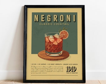 Negroni Cocktail Print, Negroni Cocktail Poster, Bar Wall Art, Classic Bar Cart Art Prints, Retro Cocktail Print, Bar Accessories