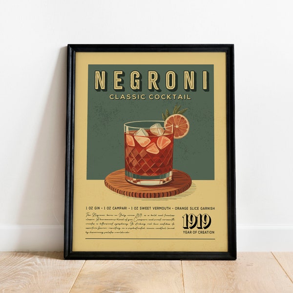 Negroni Cocktail Print, Negroni Cocktail Poster, Bar Wall Art, Classic Bar Cart Art Prints, Retro Cocktail Print, Bar Accessories