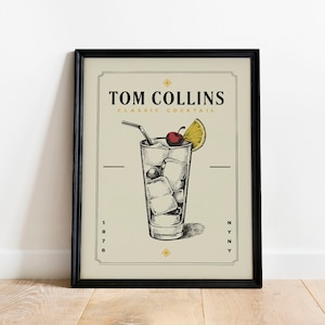 Tom Collins Cocktail Print, Tom Collins Cocktail Poster | Barwagen Drucke | Vintage Cocktail Poster Wandkunst für Home Bar Warenkorb Dekor