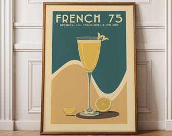 Lámina del cóctel French 75, póster vintage del cóctel French 75 / láminas para carrito de bar / póster de bebidas alcohólicas de estilo moderno de mediados de siglo para carrito de bar doméstico