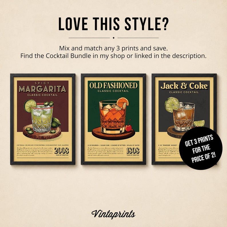The image is a promotional poster for a cocktail bundle, featuring three framed cocktail images with different names and descriptions.